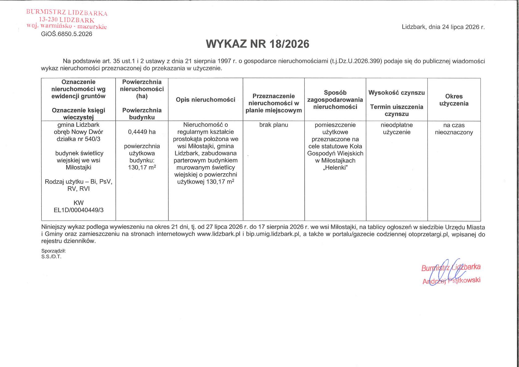 Wykaz Nr 18/2026 - Nieruchomość do użyczenia - Miłostajki, dz. nr 540/3 obr. Nowy Dwór